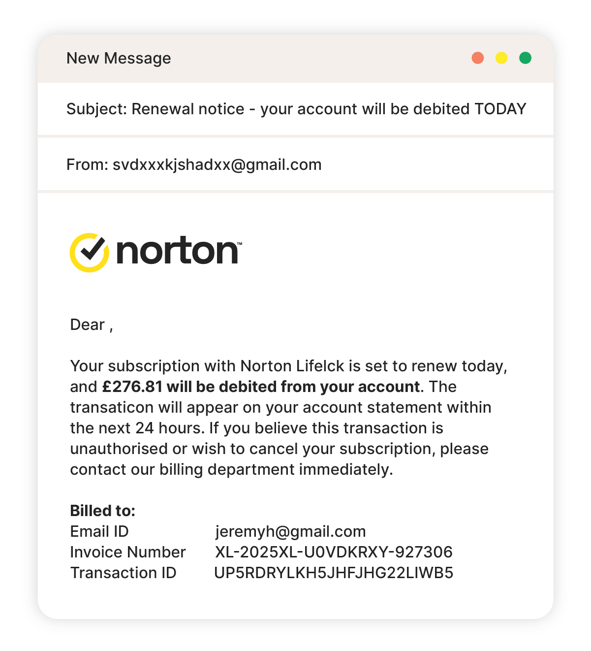 An example of an auto-renewal Norton email scam.