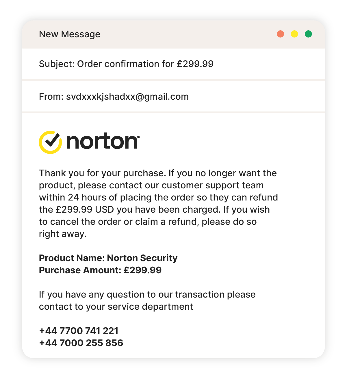 An example of a Norton email payment scam.
