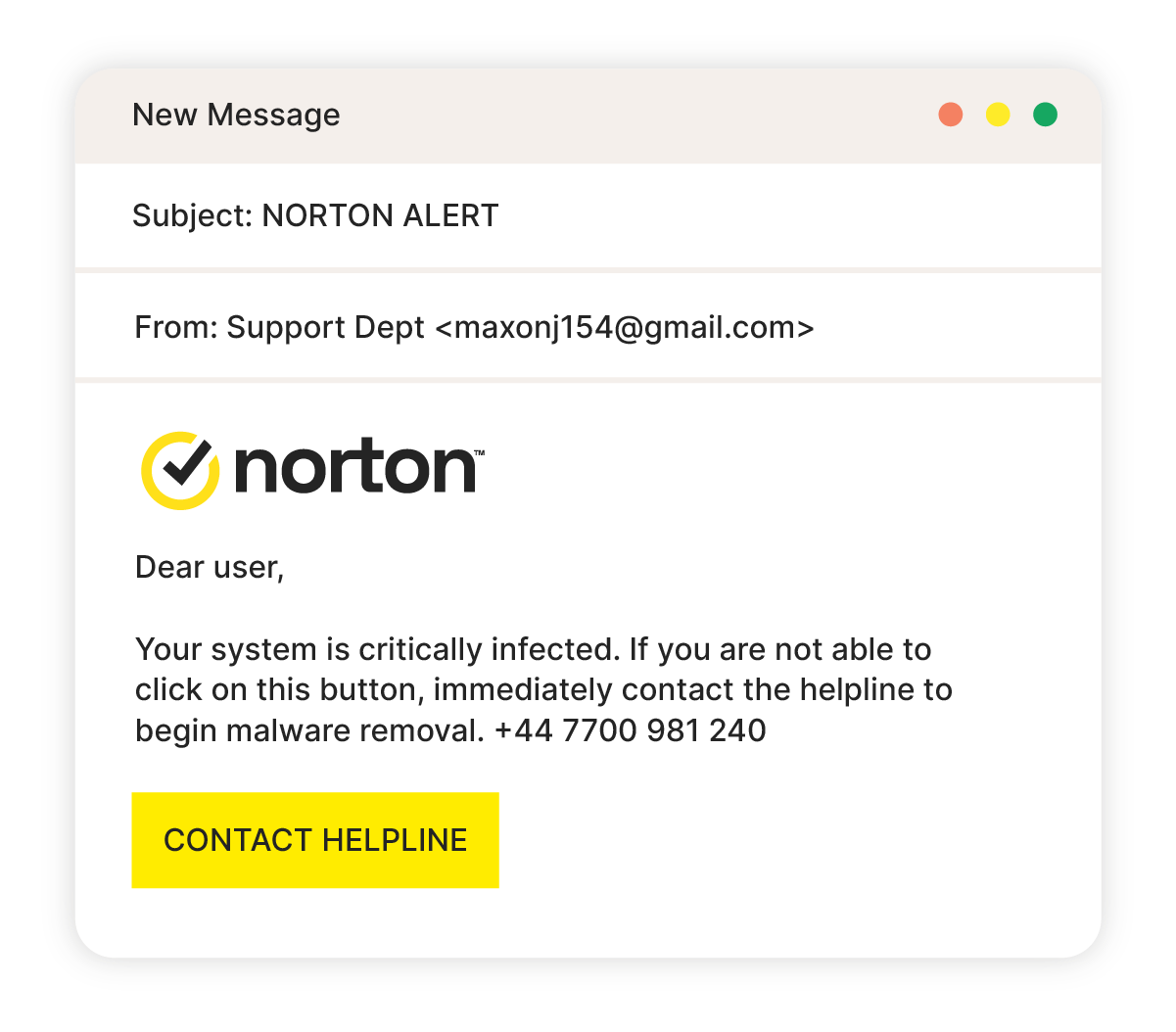 An example of a Norton email tech support scam.