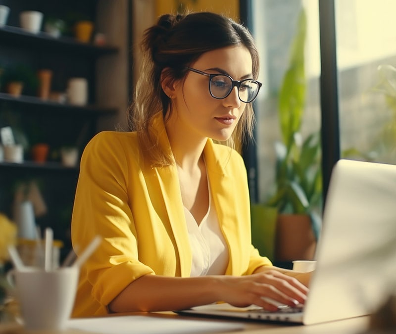 A young woman sitting at a laptop, reading an article about what computer viruses are